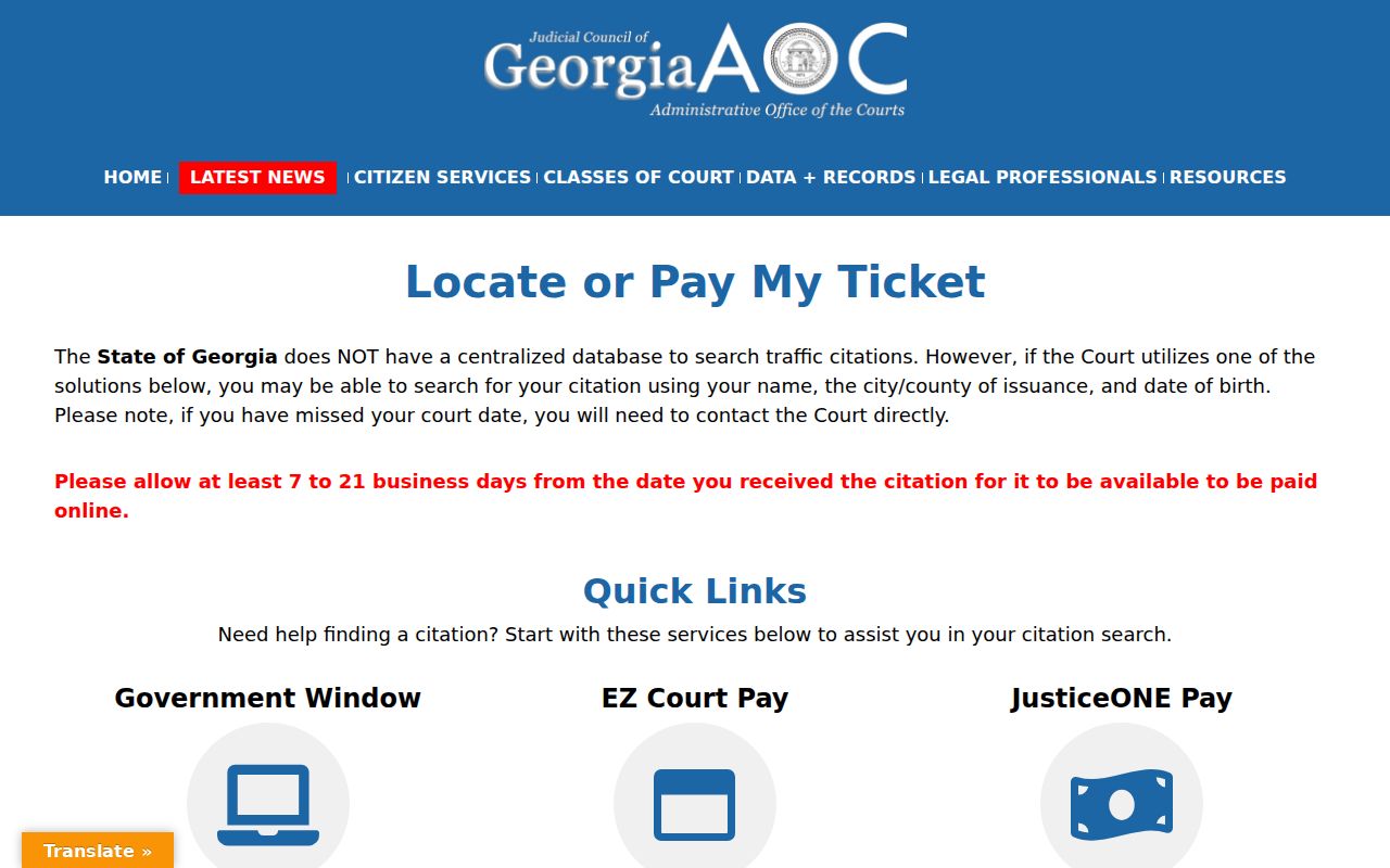 Georgia Courts notice for a Lee County traffic warrant check