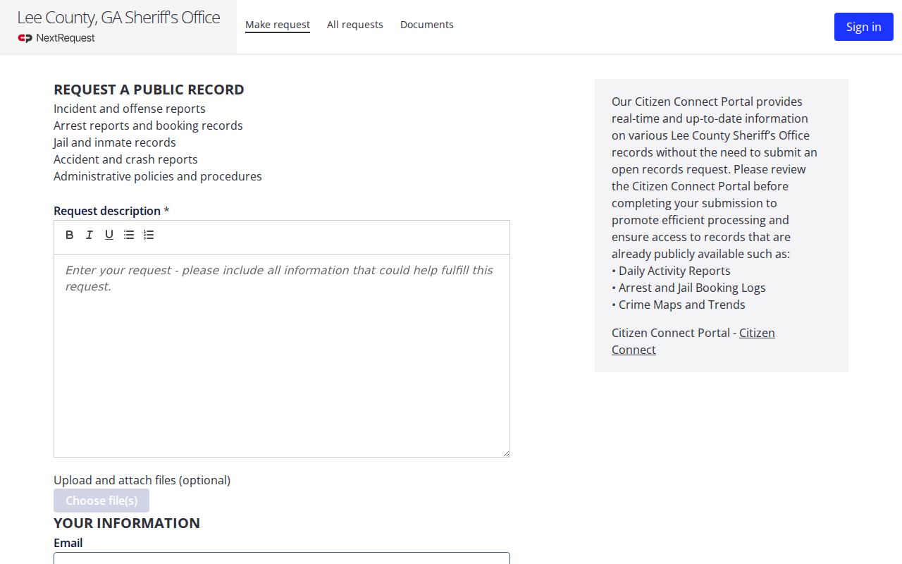 Lee County warrant records request form and response choices